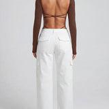 Square Neck Long Sleeve Backless Thong Slim Fit Bodysuit