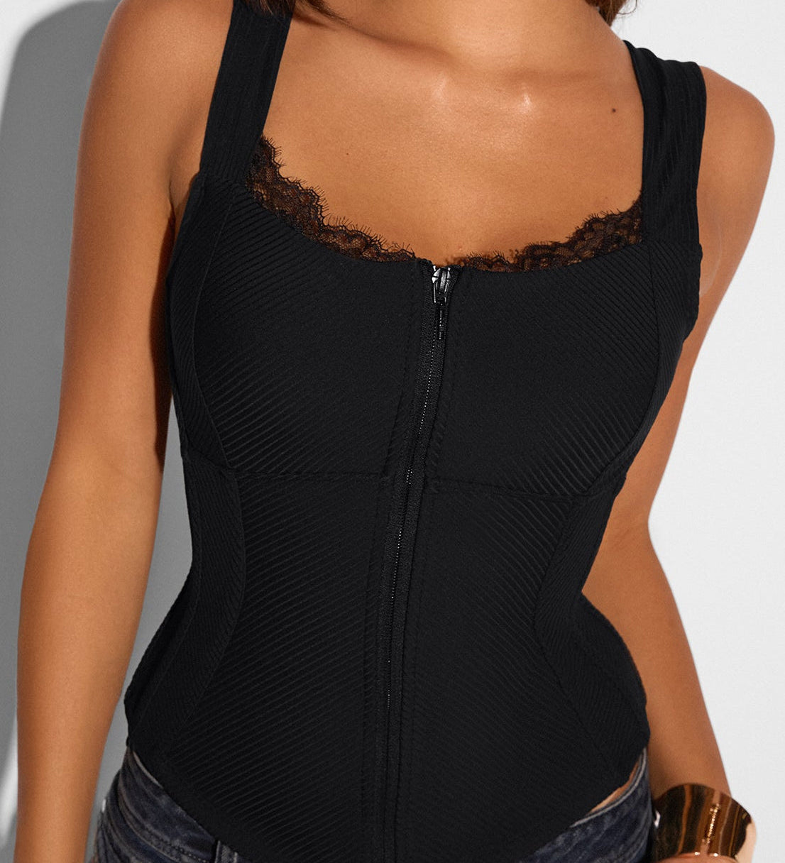 Square Neck Adjustable Strap Corsety Seamed Zipper Tank