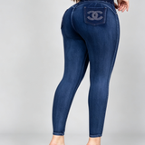 High Waist Double Button Rhinestone Ripped Butt Lifting Skinny Jeans