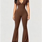 Front Zipper Short Sleeve Ribbed Slim Butt Lifting Flare Leg Jumpsuit