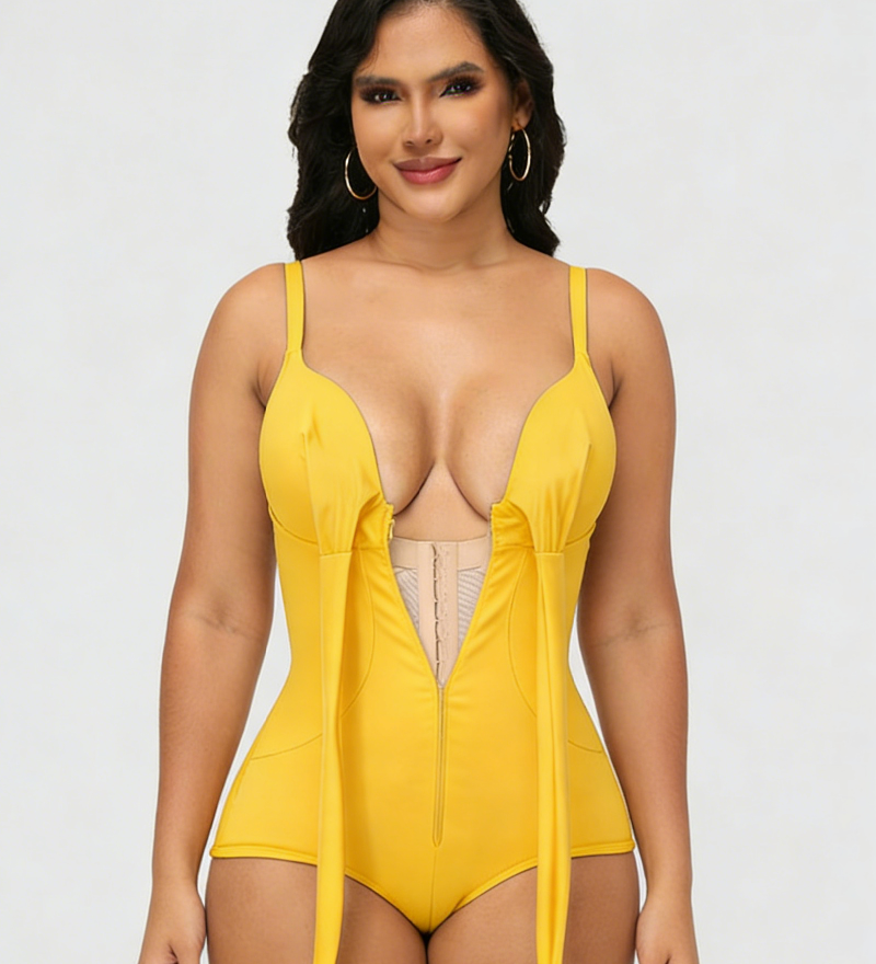 Sorelyne® Shaping V Neck Swimsuit with Zipper and Bow