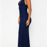 Halter Deep V Backless Lace Slit Midi Bodycon Dress
