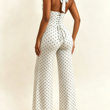 Polk Dot Halter-Neck Backless Detachable Corset Wide-leg Jumpsuit Two-Piece Set