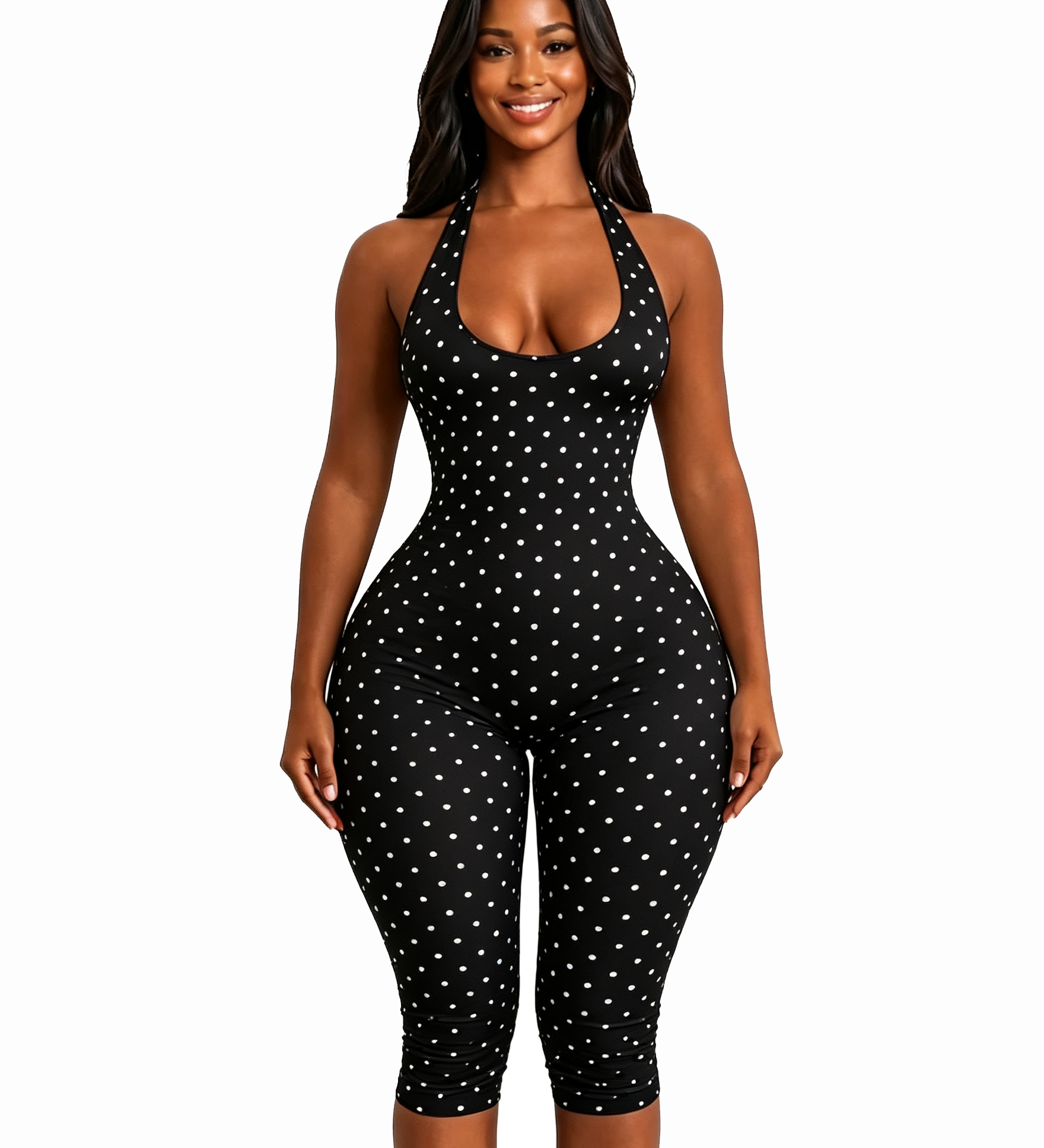 Halter Tie Open Back Polka Dot  Slim Waist Capri Jumpsuit