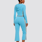 Two Piece Activewear Set Stripe Zip Up Hooded Crop Top with Capri Flare Pants