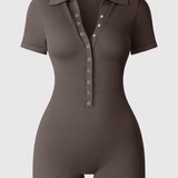 Ribbed Polo Collar Half Snap Front Short Sleeve Bodycon Romper