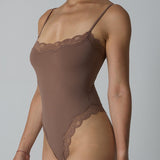 Spaghetti Strap Triangle Shapewear Bodysuit with Lace Trim