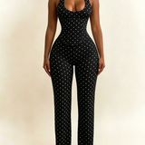 Polk Dot Halter-Neck Backless Detachable Corset Wide-leg Jumpsuit Two-Piece Set