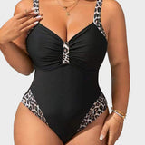 Leopard Patchwork Ruched V Neck Wide Strap One Piece Swimsuit