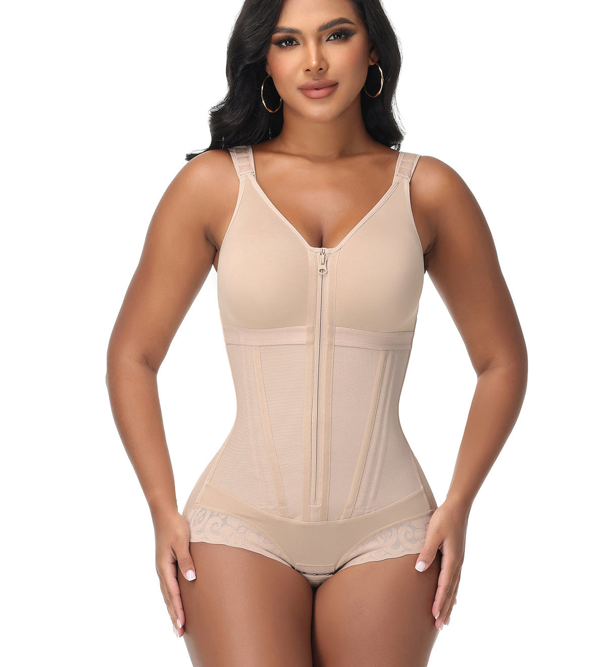 Double-Layer PowerMesh Hourglass Tummy Sculpt Zipper Bodysuit With Bra