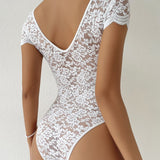 Sexy Deep V Neck Lace Short Sleeve Bodysuit One Piece Slim Fit Body Shaper