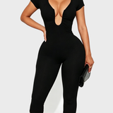 Short Sleeve Plunge Neck Bodycon Capri Jumpsuit with Back Zipper