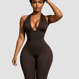 Hourglass Halter V Neck Backless Butt Lifting Capri Jumpsuit In Polk Dot