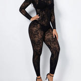 Sexy Long Sleeve Sheer Lace Open Back Bodycon Jumpsuit
