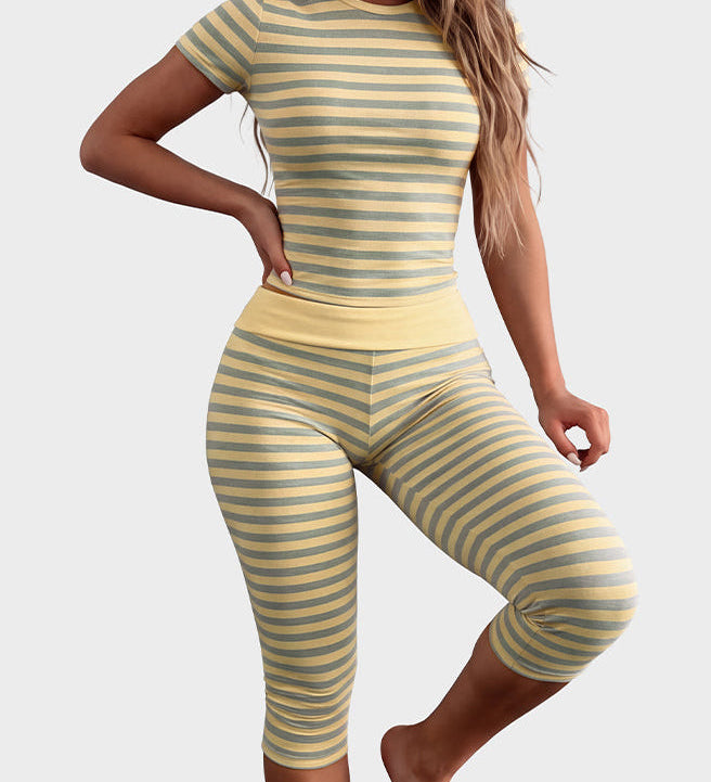 Striped Crew Neck Short Sleeve Crop Top Capri Leggings Two Piece Set