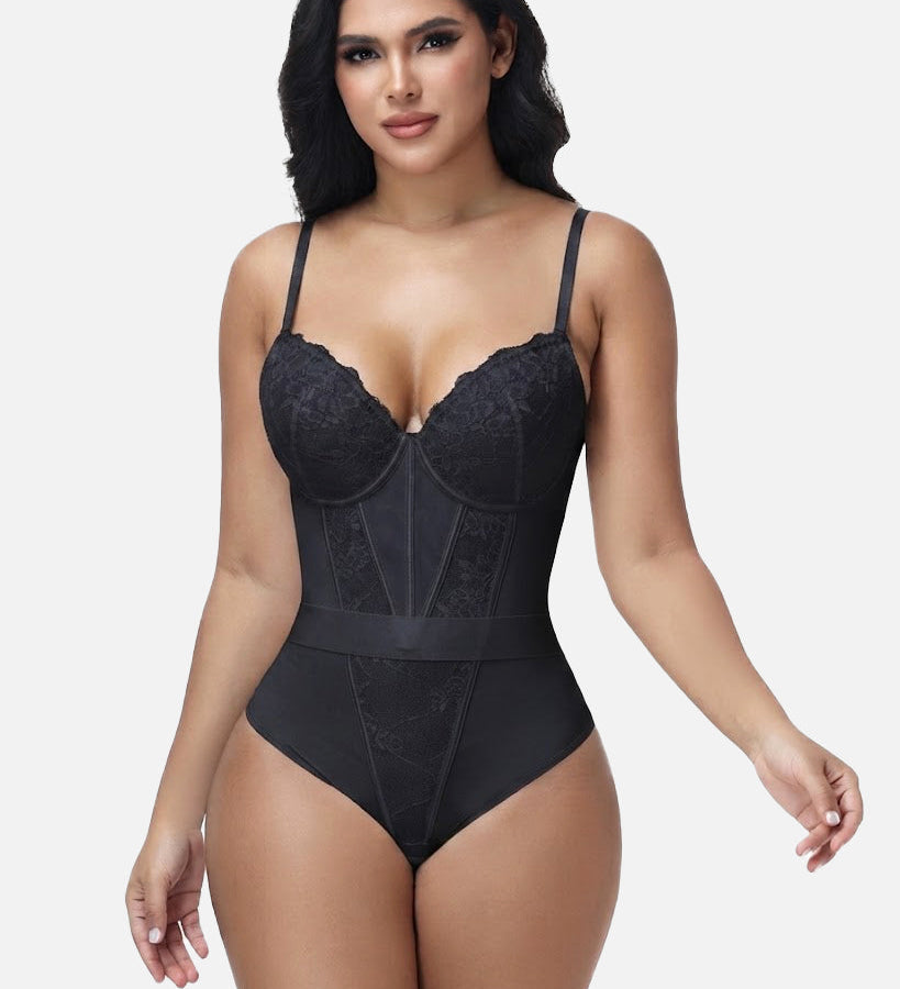 V Neck Lace Thong Bodysuit Adjustable Straps Waist Cinching Shapewear