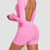 Round Neck Long Sleeve Open Back Tight Fit Workout Romper