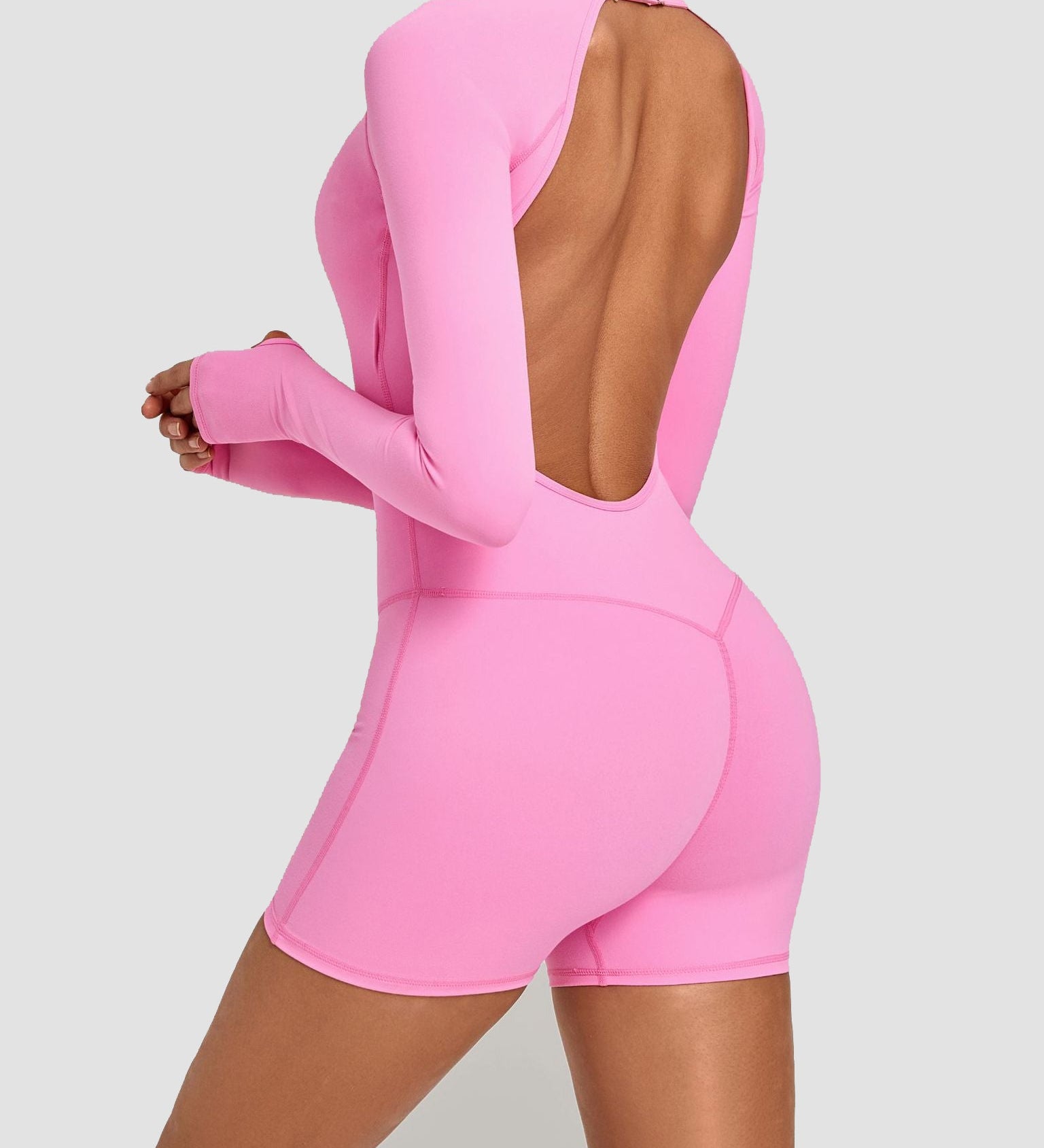 Round Neck Long Sleeve Open Back Tight Fit Workout Romper