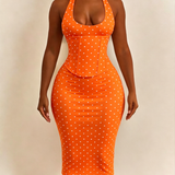 Polka Dot Corset Halter Midi Dress with Lace-Up Back