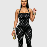Polka Dot Halter Neck Open Back Skinny Capri Jumpsuit