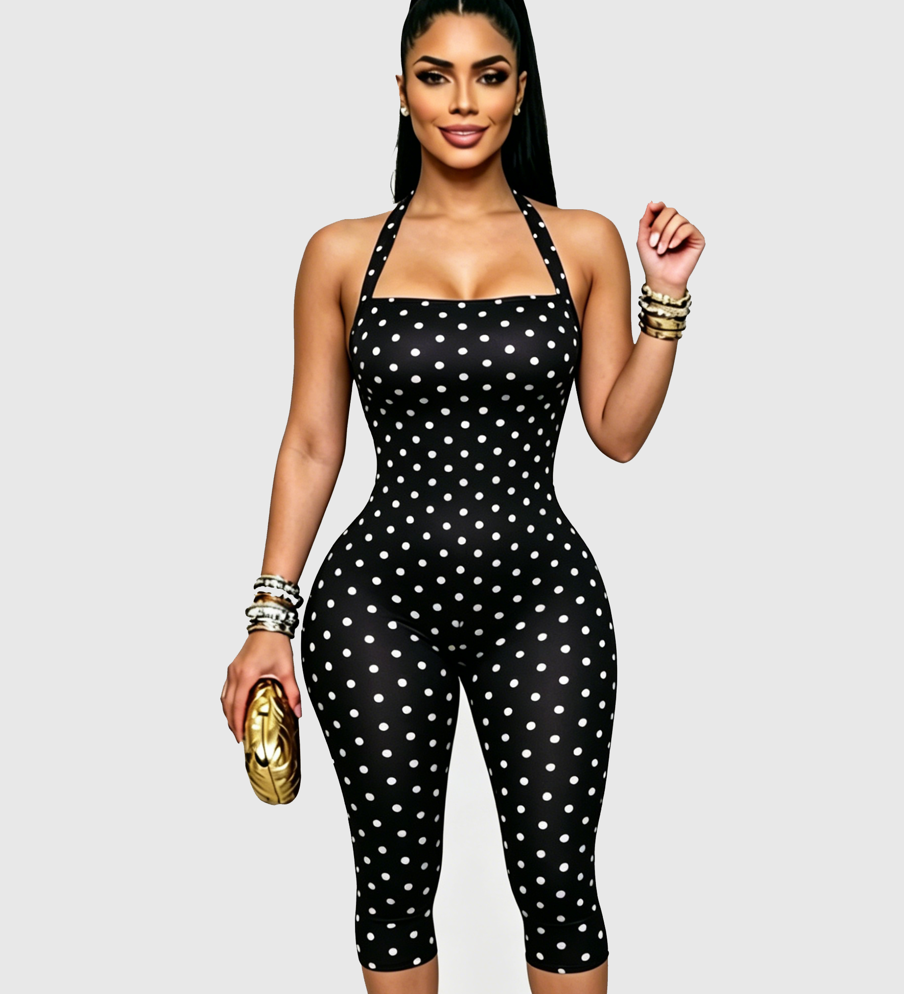 Polka Dot Halter Neck Open Back Skinny Capri Jumpsuit