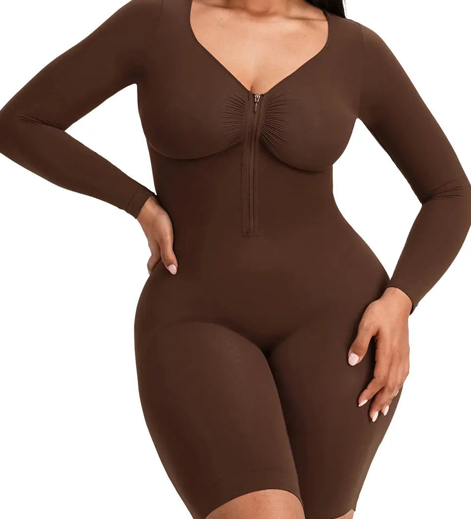 Front Zipper Long Sleeve Mid Thigh Full Body Shapewear Bodysuit