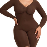 Front Zipper Long Sleeve Mid Thigh Full Body Shapewear Bodysuit