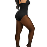 V Neck Adjustable Strap Warm Lined Sheer Panel Tummy Control Bodysuit