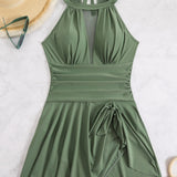 Large Size Halter Neck Mesh Panel Tummy Control Swimsuit with Side Bow