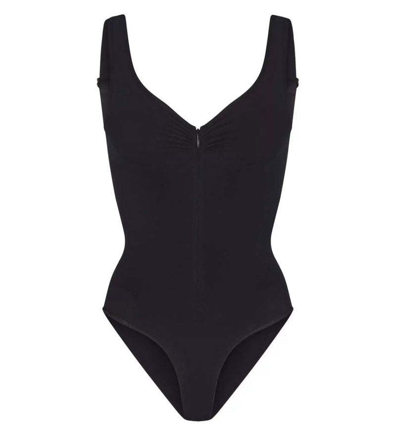 Deep V Seamless Backless Triangle Shapewear Bodysuit with Front Zipper