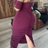Off Shoulder Ruched Tummy Tuck Bodycon Midi Dress with Fishbone