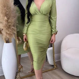 Deep V Neck Long Sleeves Ruched Bodycon Midi Dress