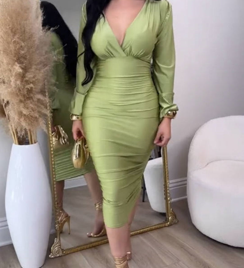 Deep V Neck Long Sleeves Ruched Bodycon Midi Dress