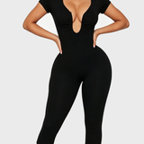 Short Sleeve Plunge Neck Bodycon Capri Jumpsuit with Back Zipper
