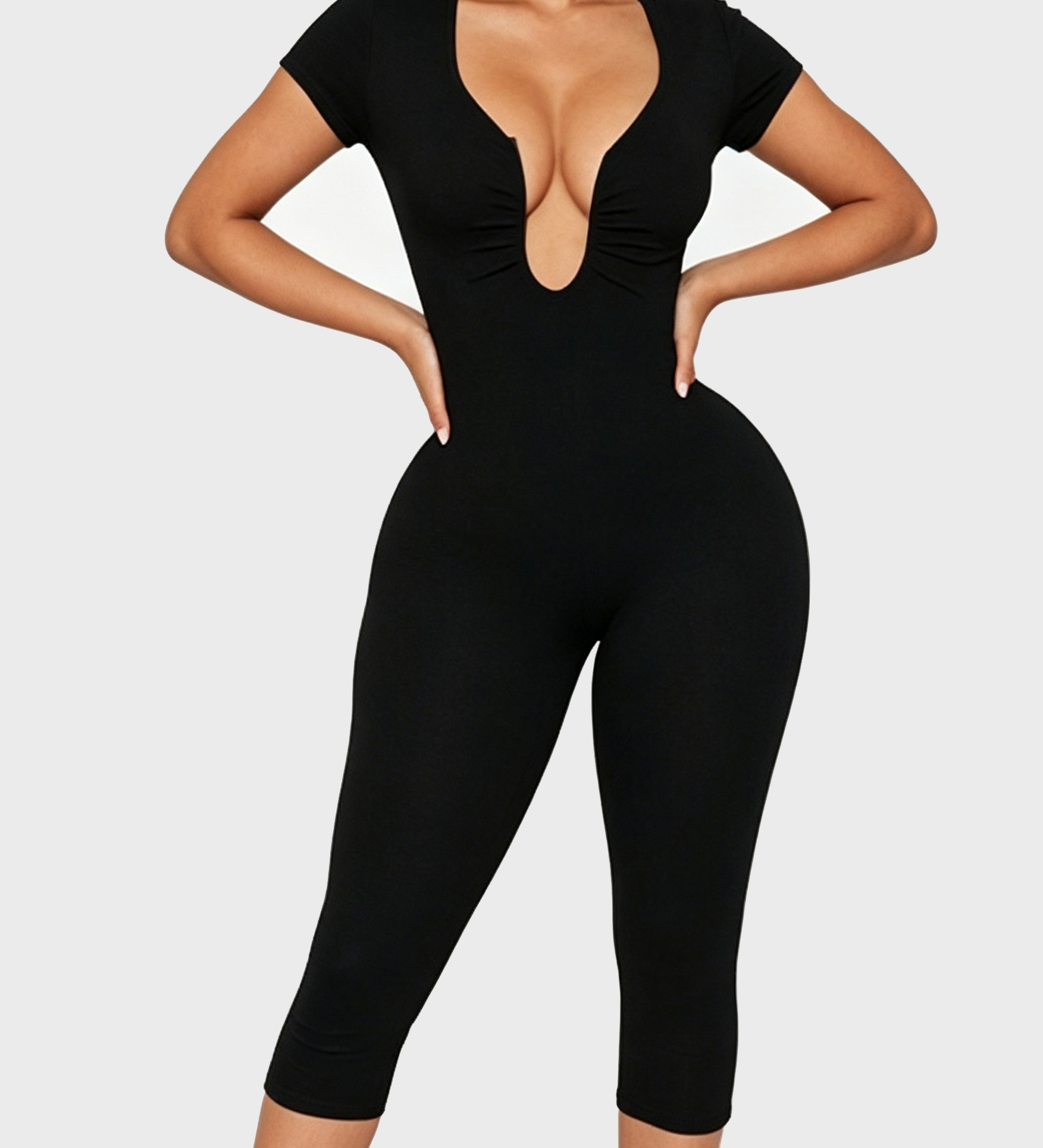 Short Sleeve Plunge Neck Bodycon Capri Jumpsuit with Back Zipper