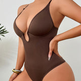 Seamless Plunge Neck Tummy Control Thong Shapewear Bodysuit