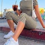 Striped Crew Neck Short Sleeve Crop Top Capri Leggings Two Piece Set