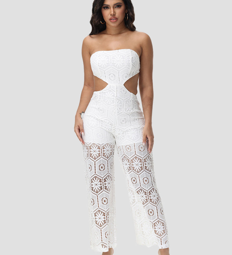 Chic Strapless Lace Waist Cut out Jumpsuit with Geometric Pattern