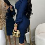 Deep V Neck Long Sleeves Ruched Bodycon Midi Dress