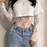 Short Sleeve Crop Top Lace Bodysuit Two Piece Outfit