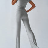 Essential Two-Piece Active Set ropped Short Sleeve Top Drawstring Flare Pants