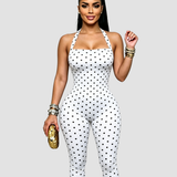 Polka Dot Halter Neck Open Back Skinny Capri Jumpsuit