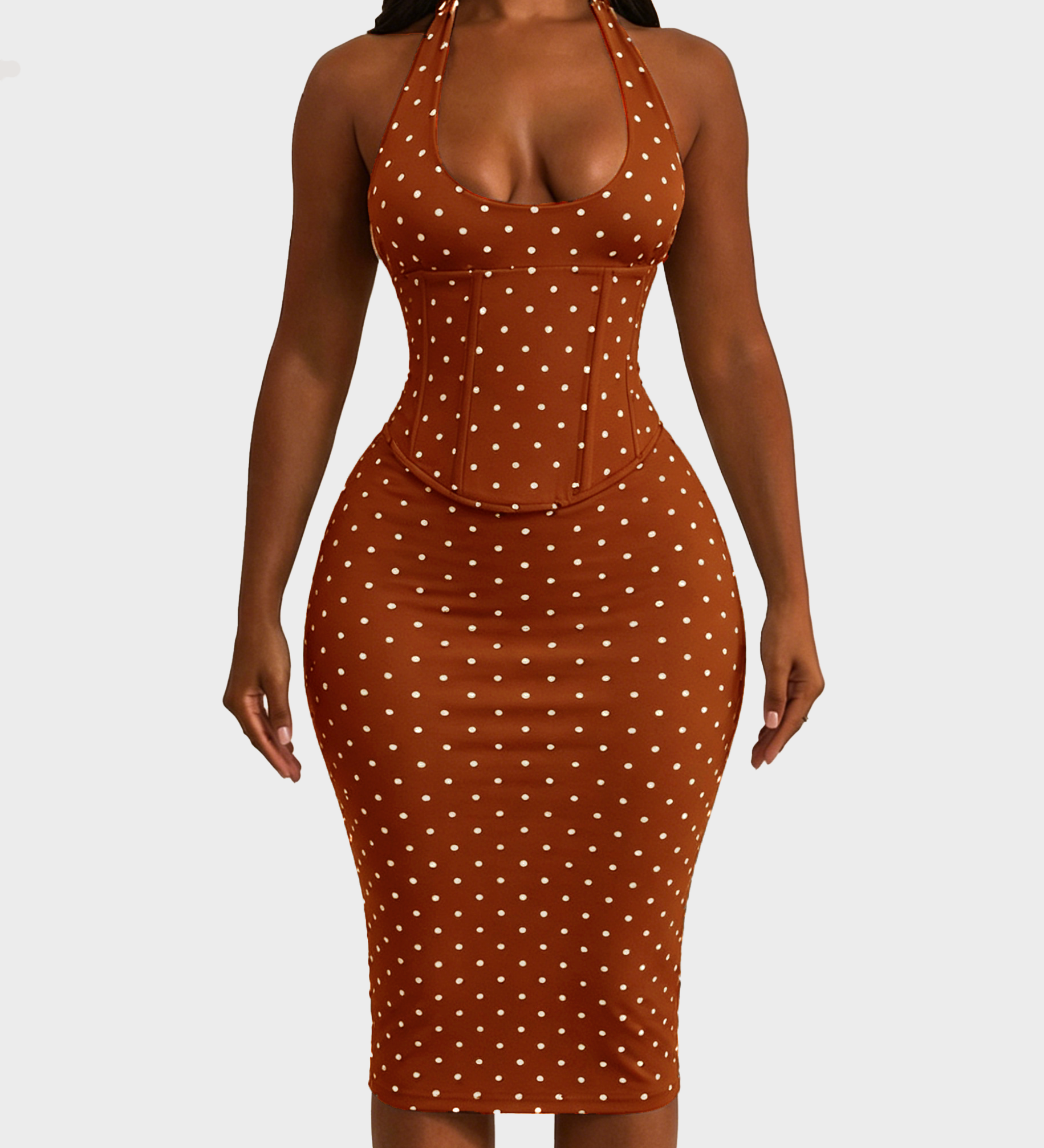 Polka Dot Corset Halter Midi Dress with Lace-Up Back