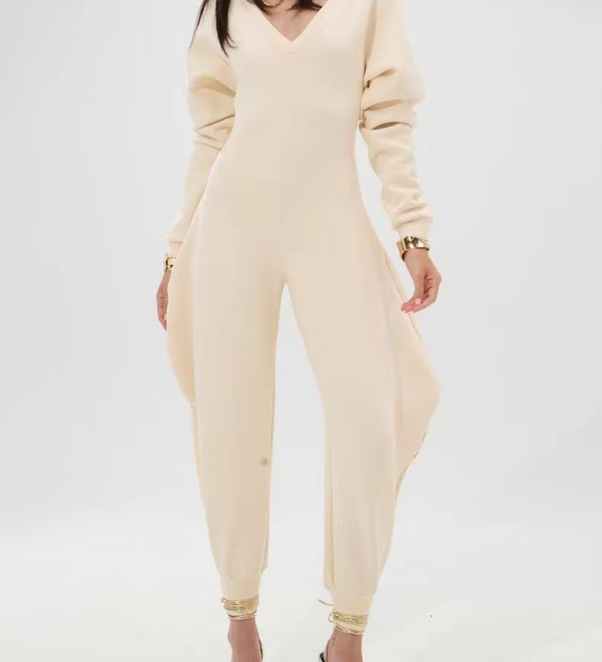 Cozy V Neck Baggy Long Sleeve Jumpsuit