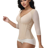 V Neck 3/4 Mesh Sleeve Zipper Waist Trainer High Compression Shaping Top