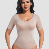 Seamless Short Sleeve Thong Bodysuit Tummy Control Round Neck Body Shaper