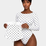 Hourglass Long Sleeve Polka Dot Thong Bodysuit with Waist Trainer 2 Piece Set