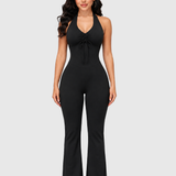 Front Drawstring Halter Mesh Back Flare Leg Jumpsuit