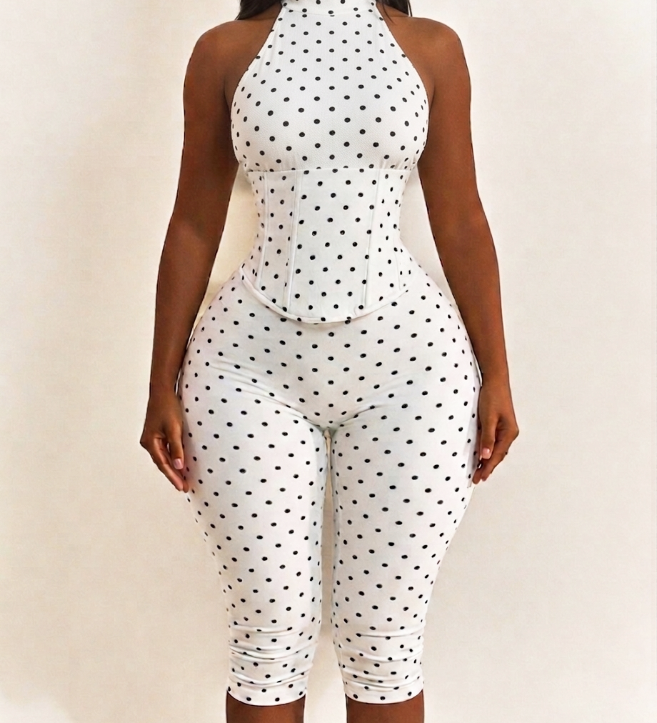 Polka Dot Halter Neck Hourglass Capri Jumpsuit with Detachable Corset Two-Piece Set