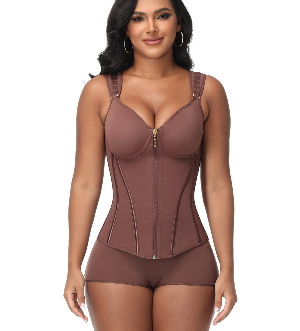 V Neck Underwire Cup Wide Adjustable Strap Zipper Waist Trainer Shaping Vest